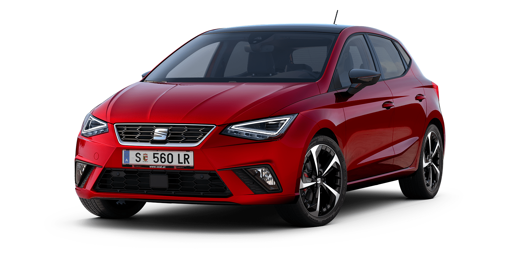 Vista exterior do SEAT Ibiza FR em vermelho Red Desire, destacando o estilo dinâmico e jovem.