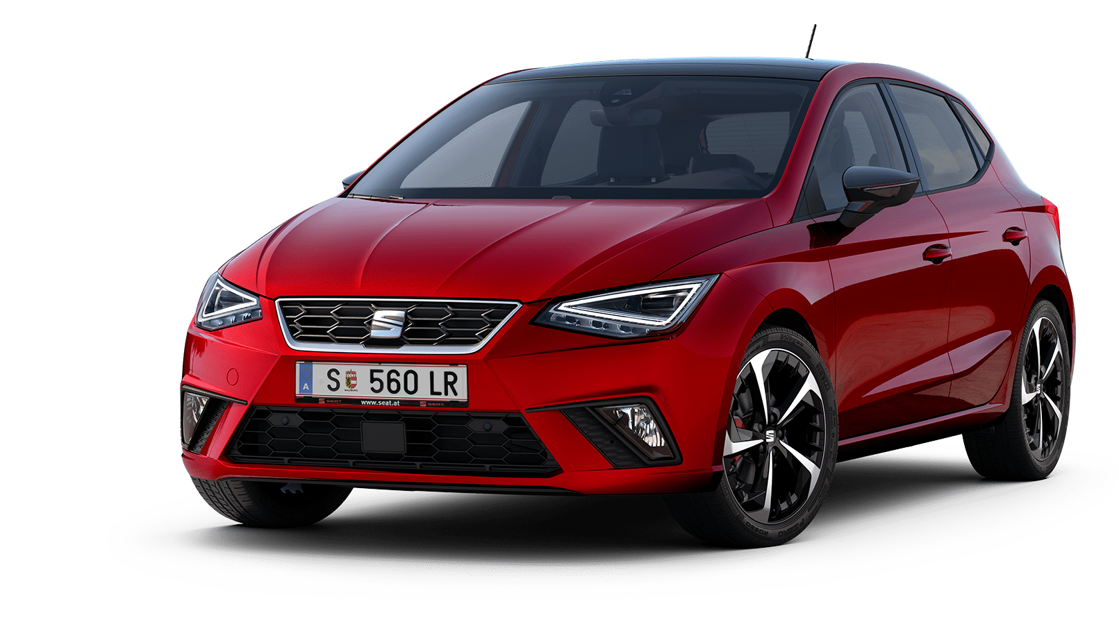 Vista exterior do SEAT Ibiza FR em vermelho Red Desire, destacando o estilo dinâmico e jovem.