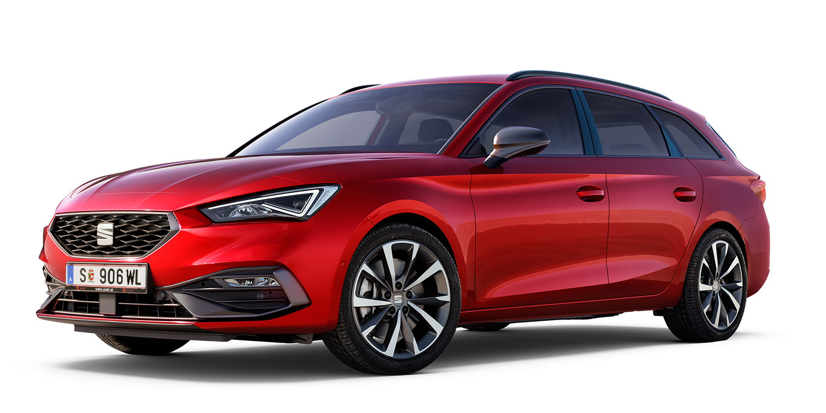 Vista lateral do SEAT Leon SP FR vermelho Desire Red, com jantes em liga leve que reforçam o seu perfil.