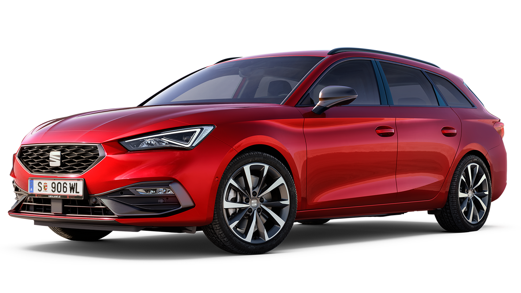 Vista lateral do SEAT Leon SP FR vermelho Desire Red, com jantes em liga leve que reforçam o seu perfil.