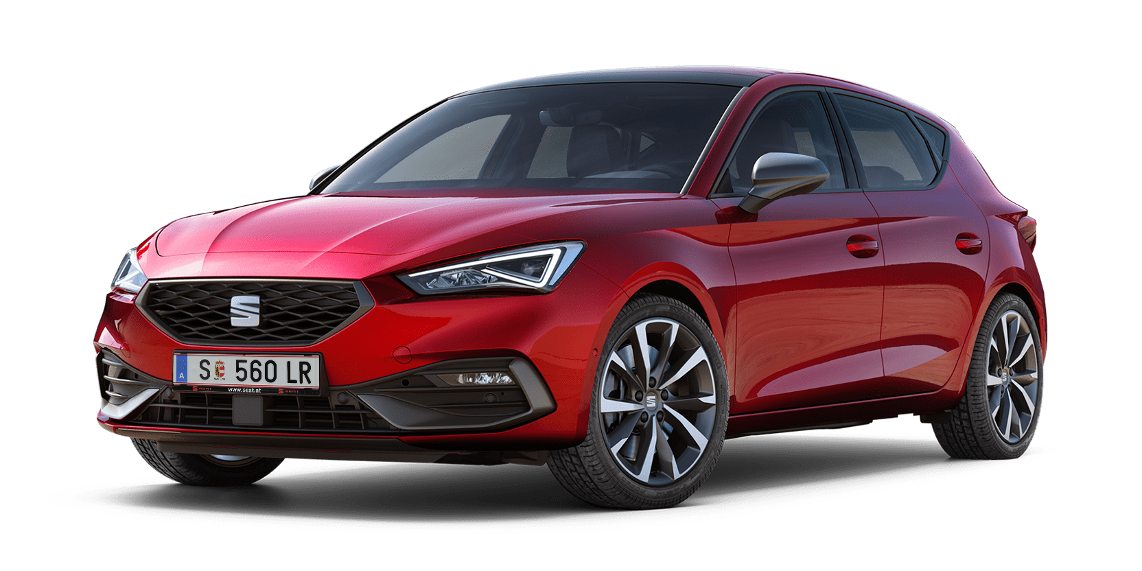SEAT Leon 5 portas, versão FR, cor Desire Red, com jantes de liga leve usinadas.