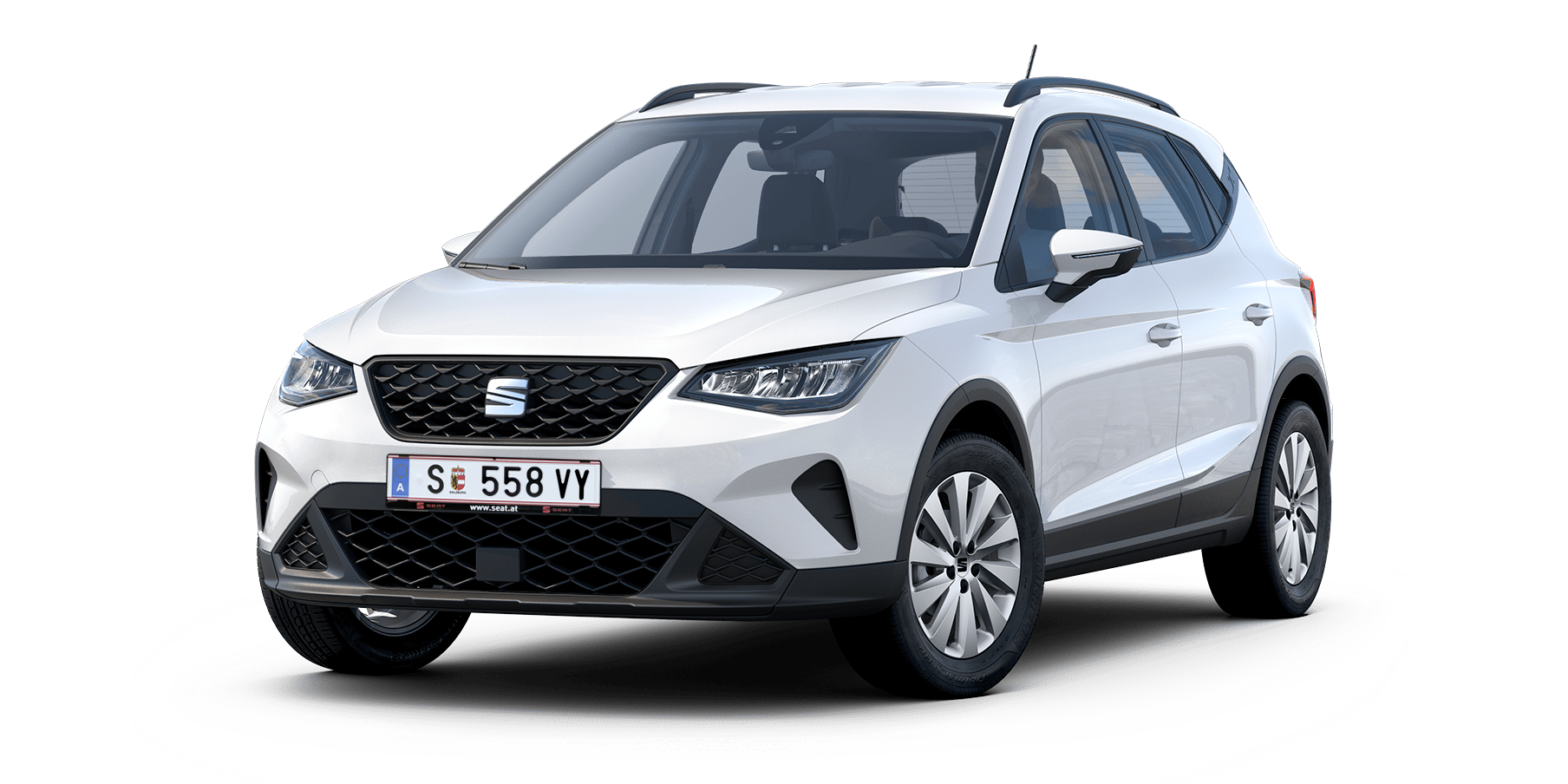 Vista exterior do SEAT Arona versão Reference em branco Candy White, ideal para condução citadina