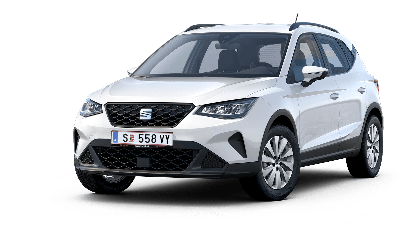 Vista exterior do SEAT Arona versão Reference em branco Candy White, ideal para condução citadina