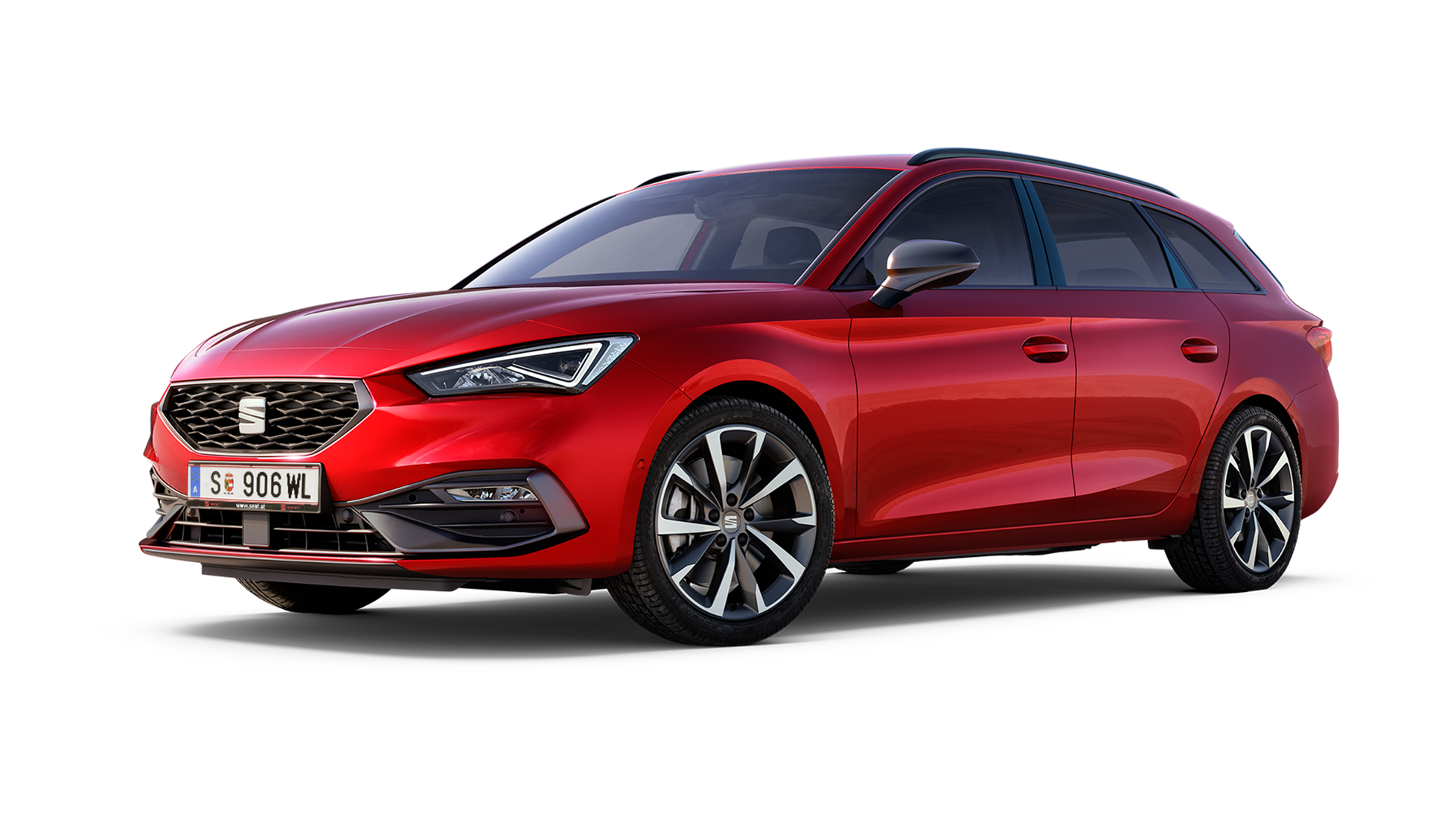 Vista lateral do SEAT Leon SP FR vermelho Desire Red, com jantes em liga leve que reforçam o seu perfil.