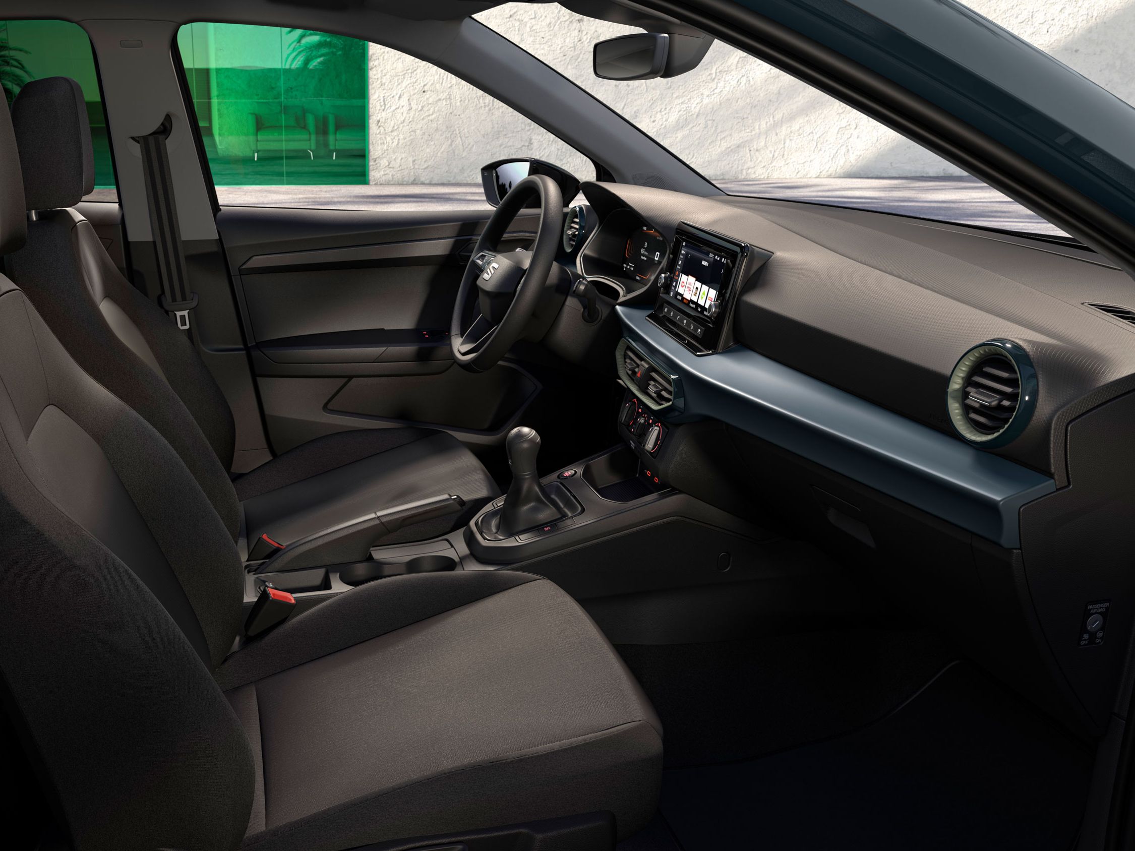 Detalhes interiores do SEAT Arona, incluindo os bancos de conforto em tecido na cor Acero.