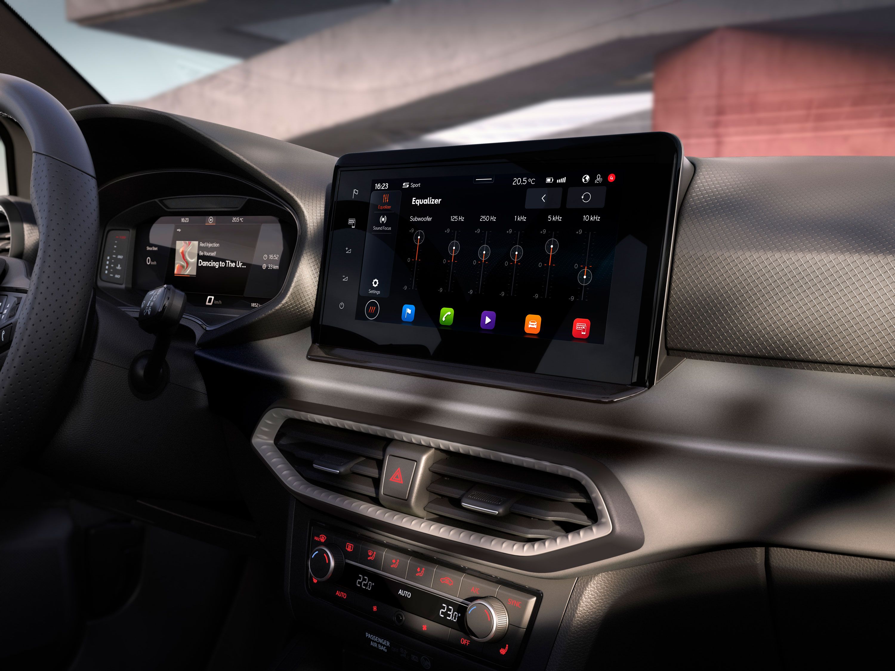 Vista do tablier do SEAT Ibiza para mostrar o design interior, incluindo o sistema de som SEAT e outras funcionalidades.