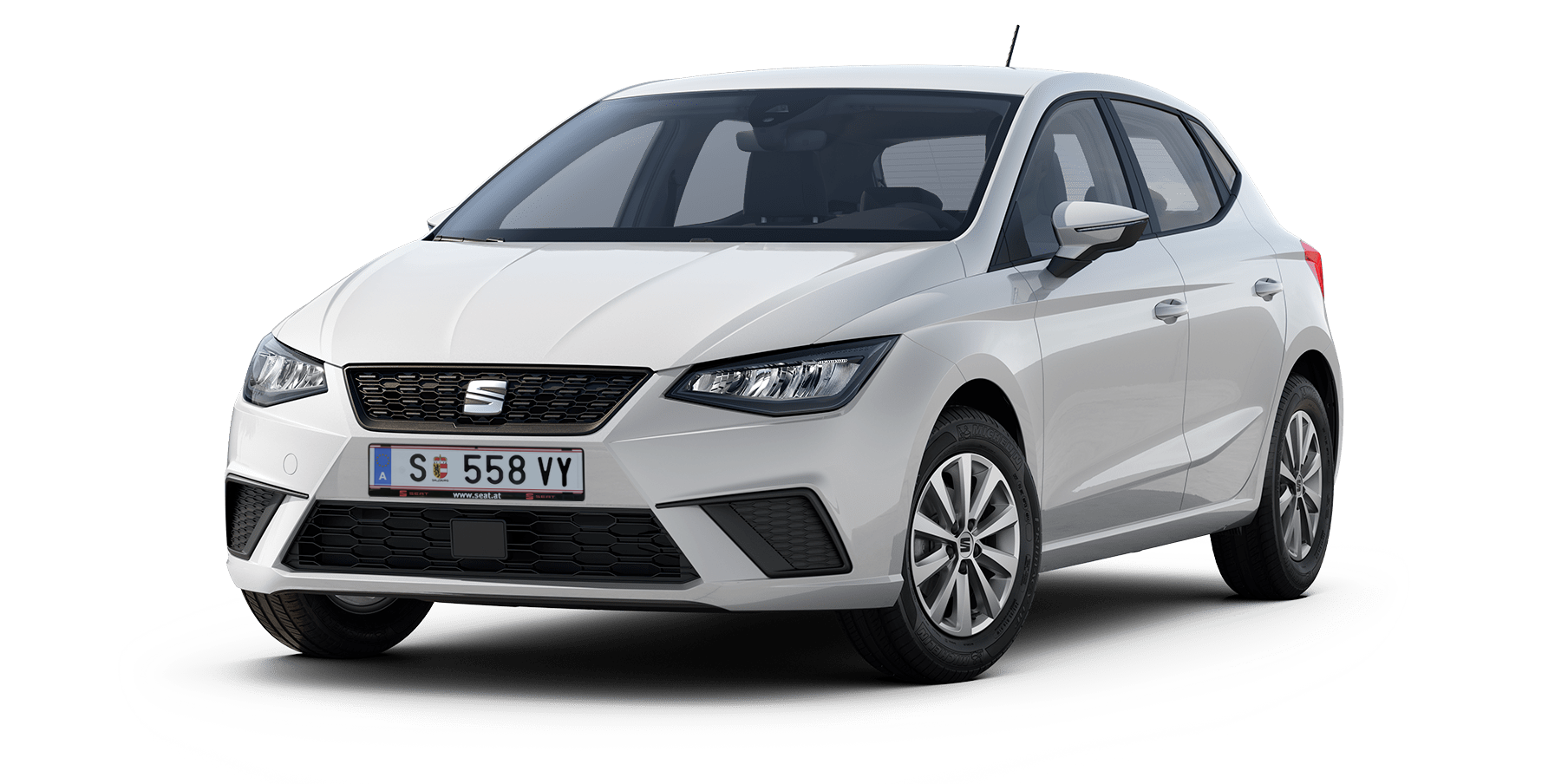 SEAT Ibiza Reference em Candy White, hatchback compacto com design moderno e linhas aerodinâmicas.