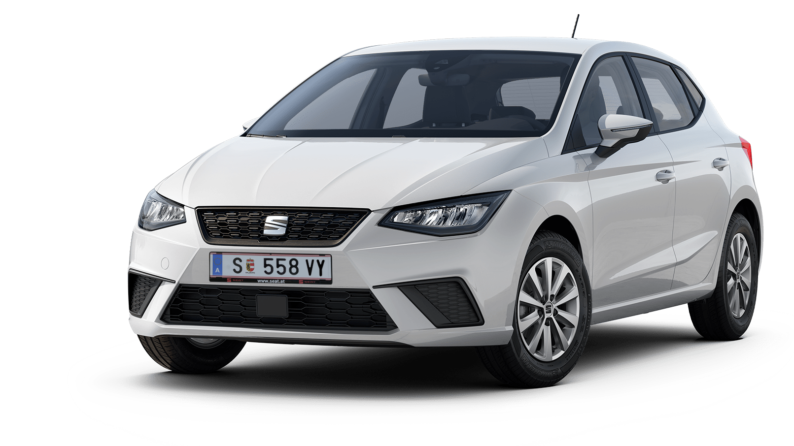 SEAT Ibiza Reference em Candy White, hatchback compacto com design moderno e linhas aerodinâmicas.
